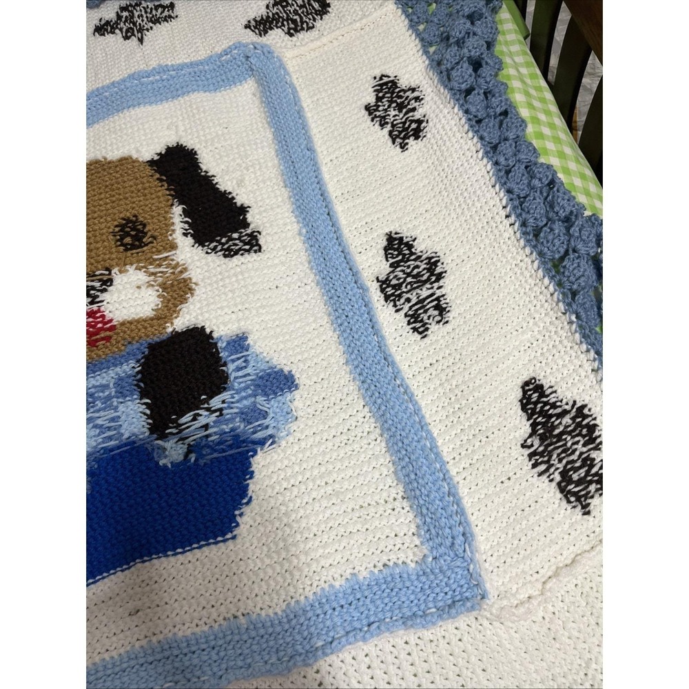 Crochet Blue White Brown Baby Blanket Afghan Handmade Puppy Dog 50x60" - Picture 10 of 10
